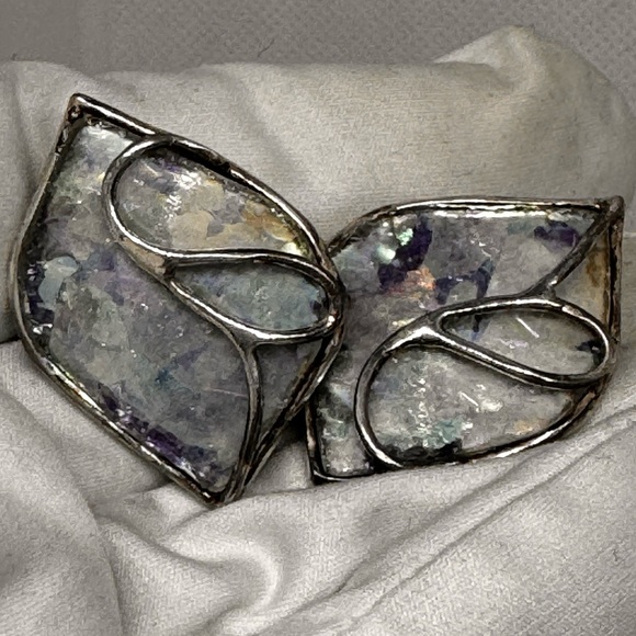 Vtg URI RAMOT Earrings ISRAEL 950 Silver Modernist Antique Roman Glass Clip on - Picture 17 of 17